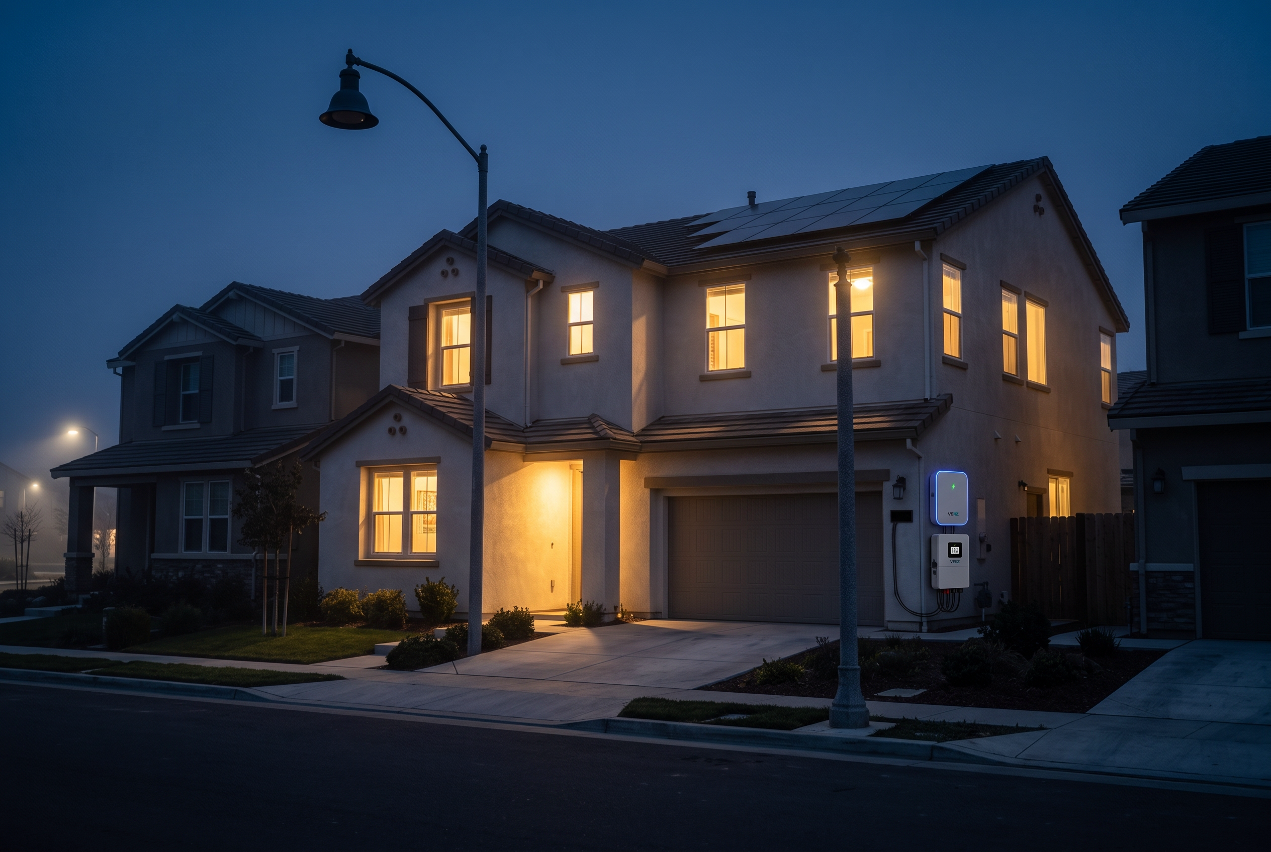 Suburban home lit at night during a grid outage with VERZESS battery backup active