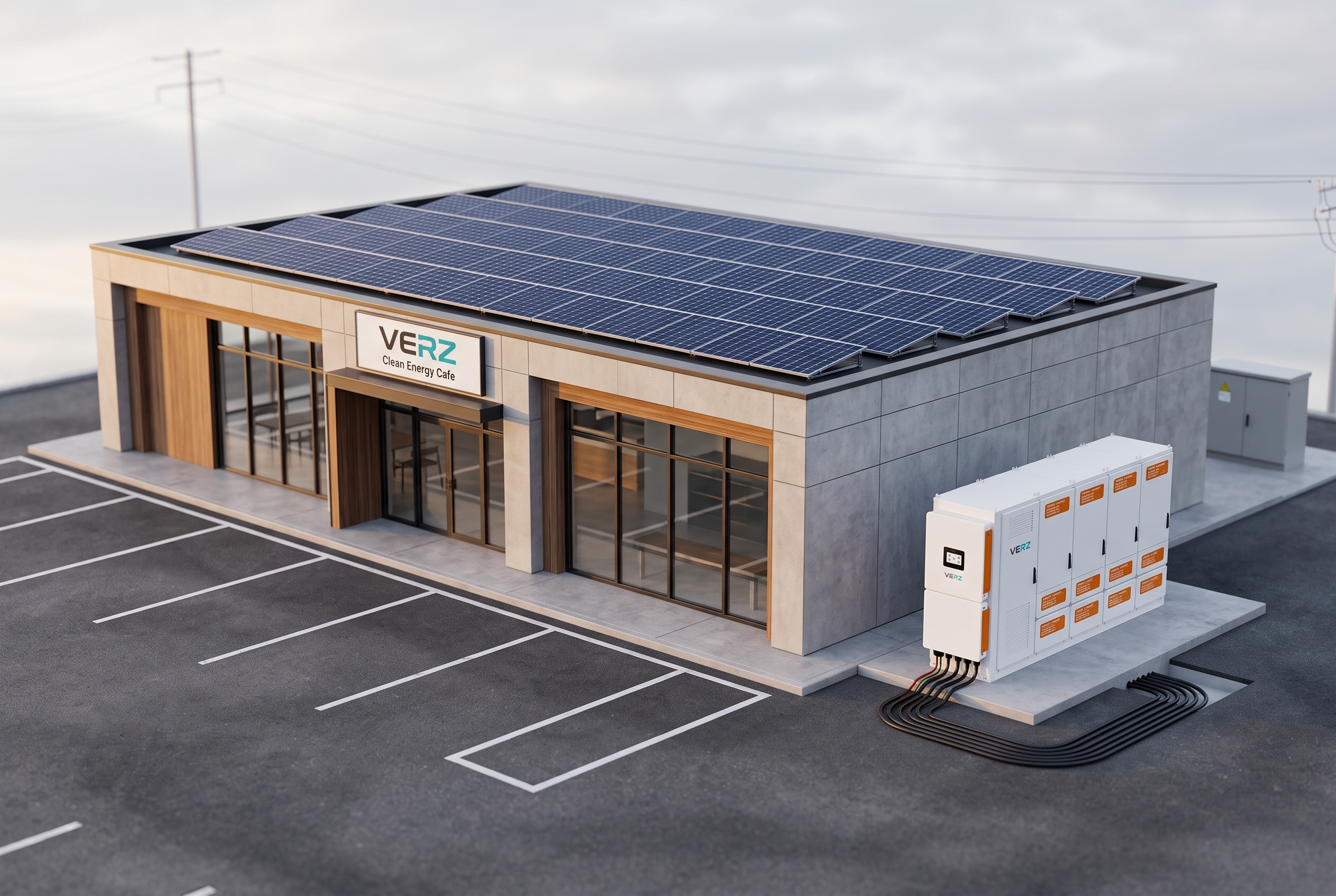 Small commercial building with flat-rooftop solar and VERZESS battery cabinet