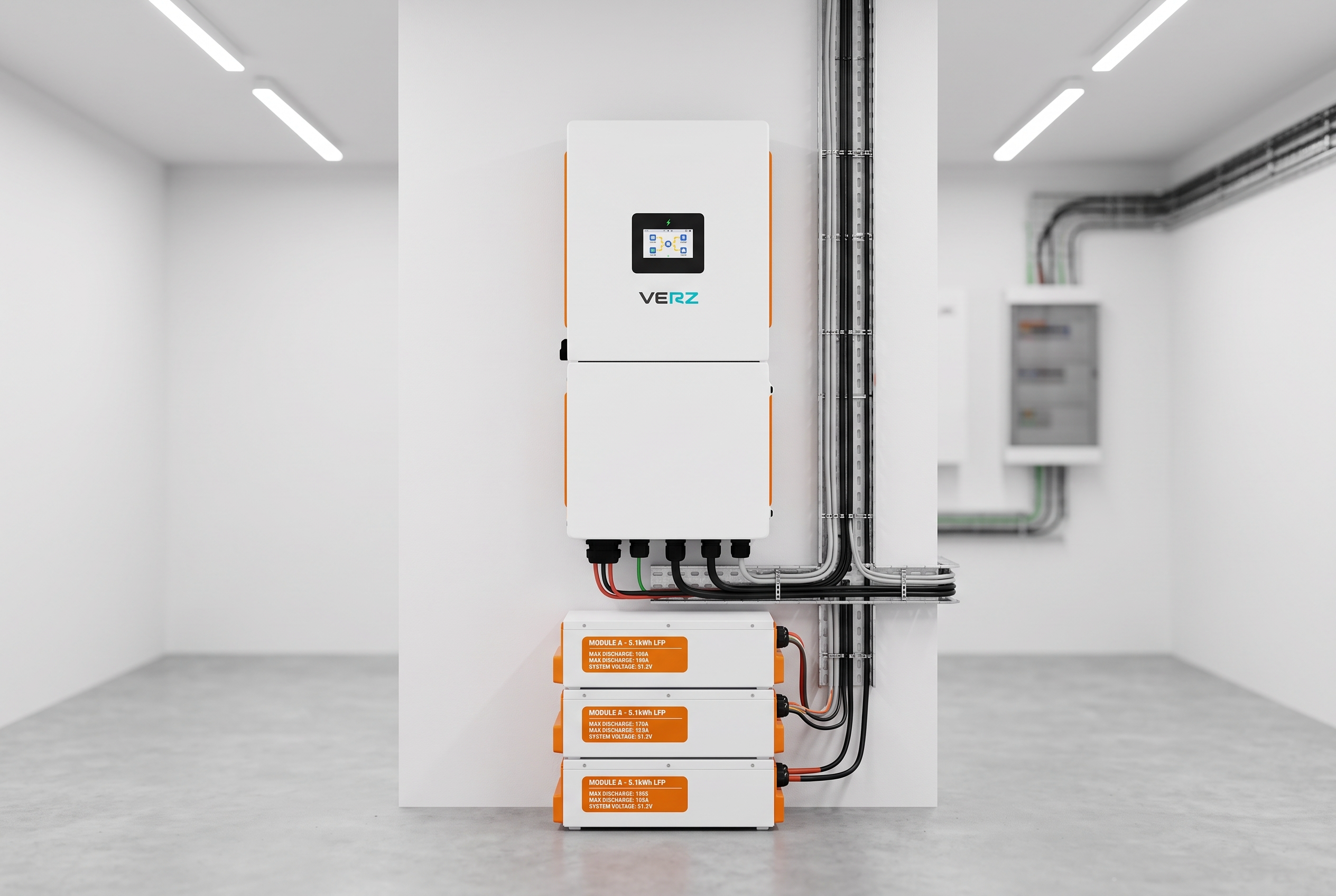 Wall-mounted VERZESS hybrid inverter and battery stack in utility room