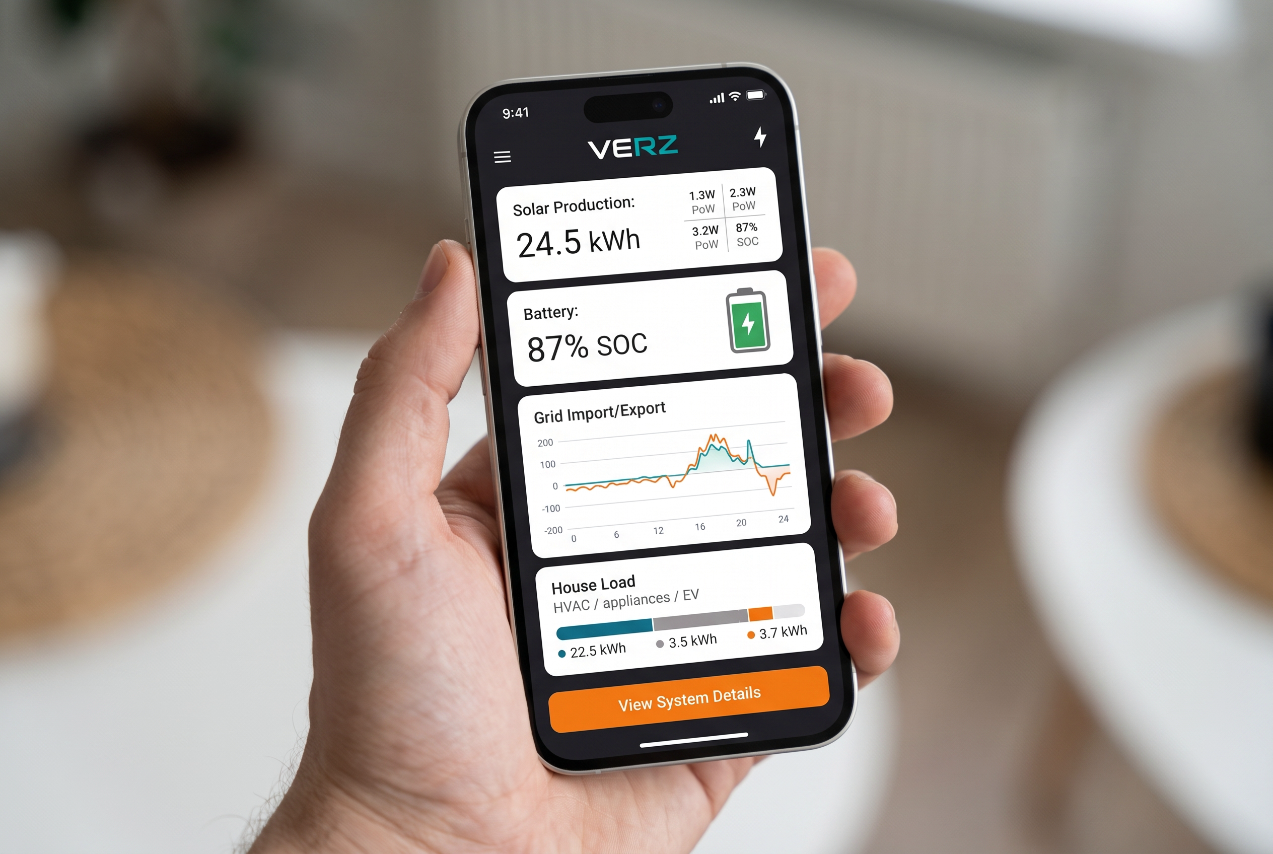 VERZESS monitoring app showing solar production and battery state of charge on a smartphone