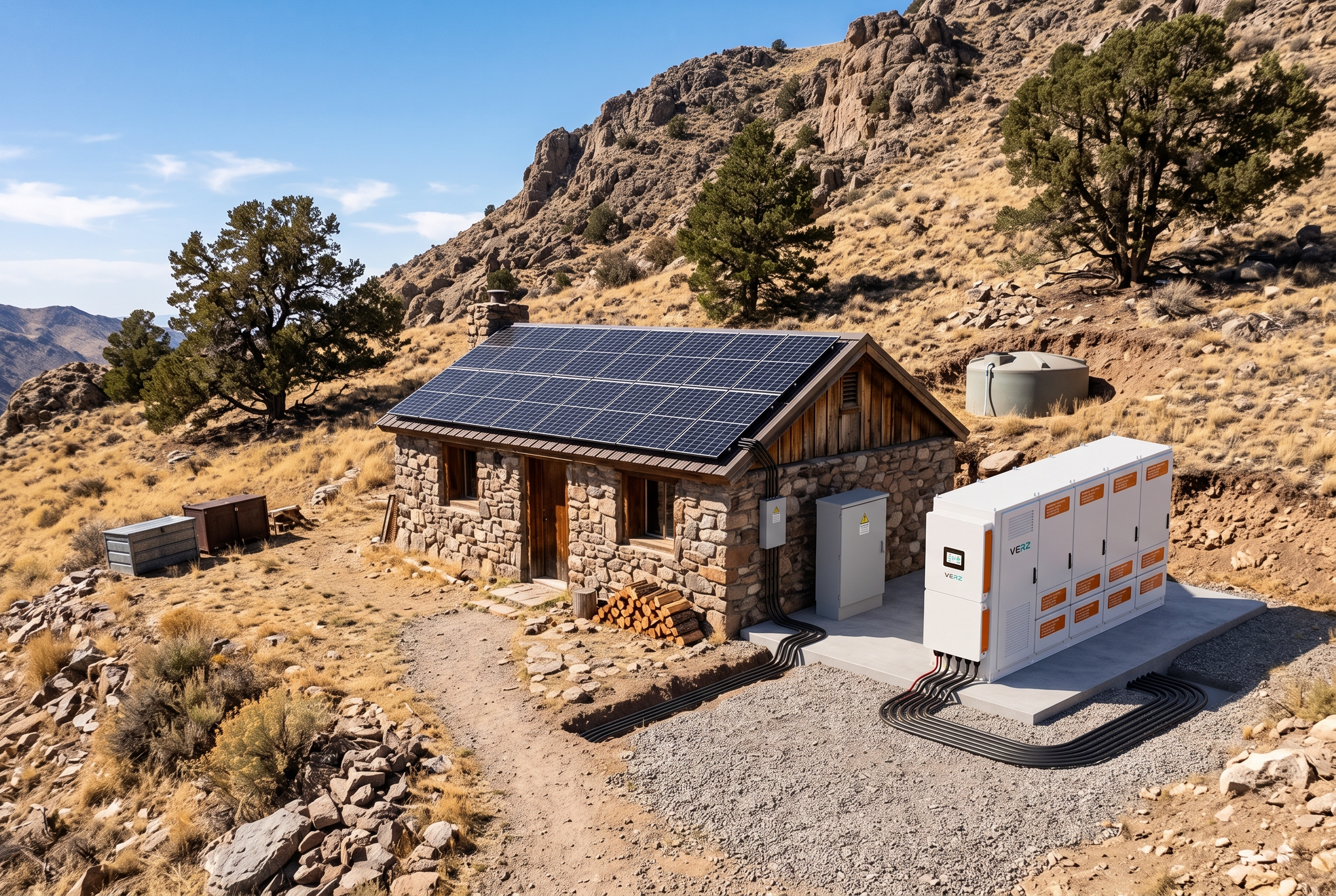 Off-grid cabin installation with ground-mount solar and VERZESS battery bank