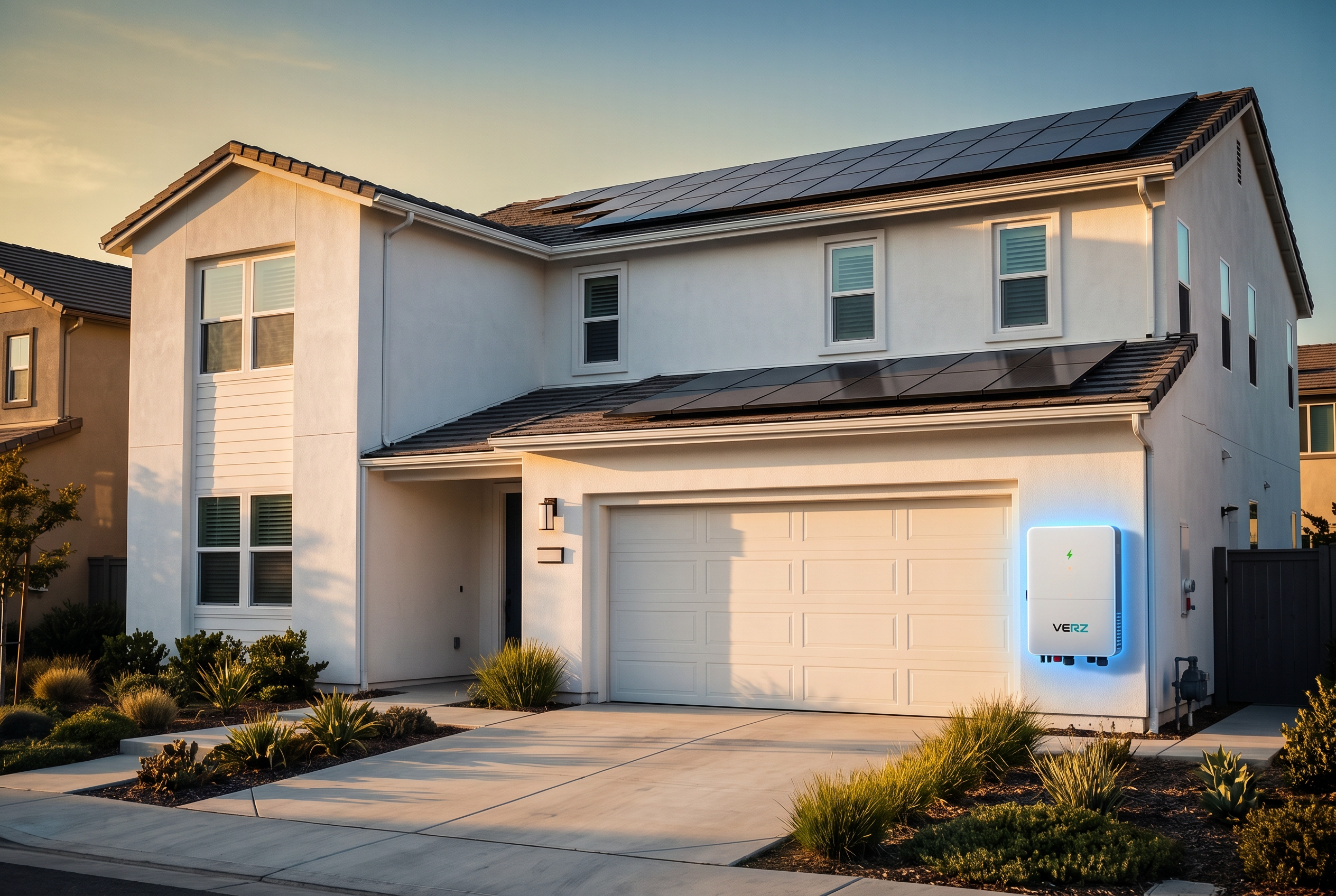 Modern suburban home with rooftop solar and wall-mounted VERZESS battery